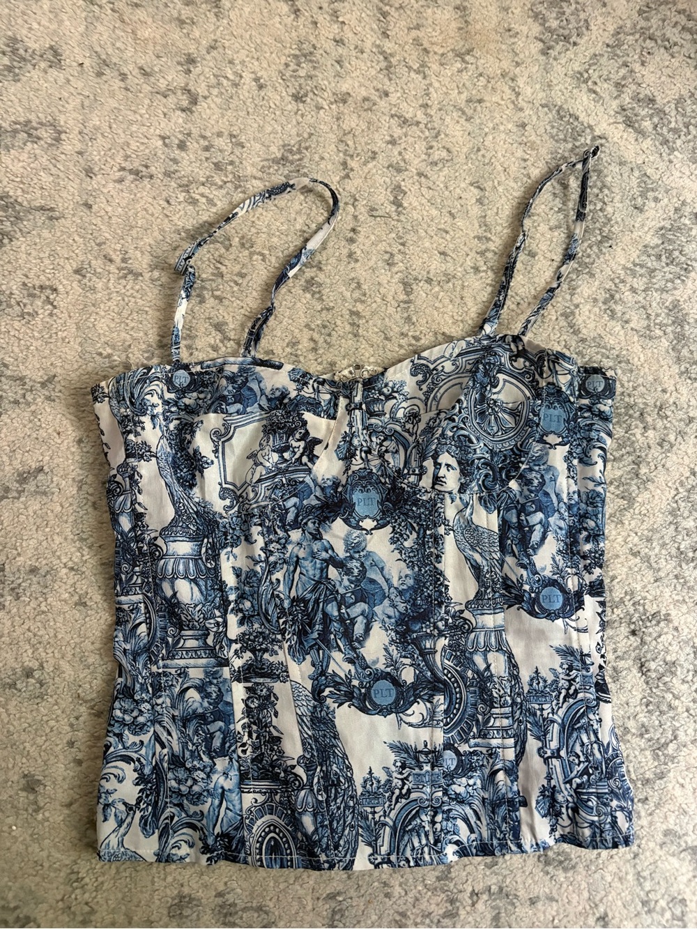 Blue & white vintage print corset top with adjustable straps